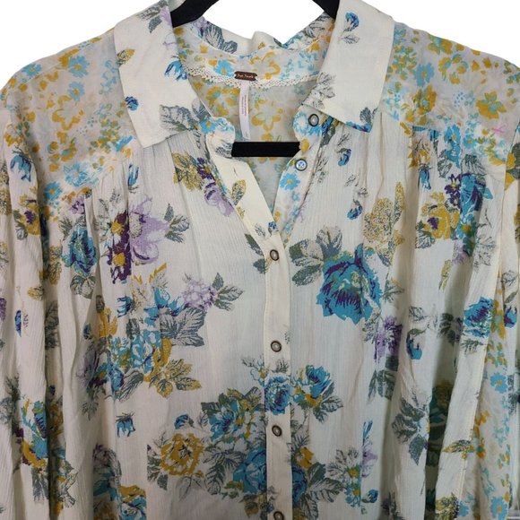 Free People Womens L Cream Floral Hold On To Me Long Sleeve Button Up Blouse NWT - Picture 3 of 11